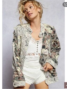 POL Lace-Trim Camouflage Jacket in Green, Brown & Cream